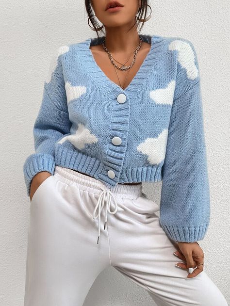 Jaket Crochet, Drop Shoulder Cardigan, Clouds Pattern, Cropped Cardigan Sweater, Button Sweater, Puff Sleeve Dresses, Self Design, Design Fabric, Sweater Material