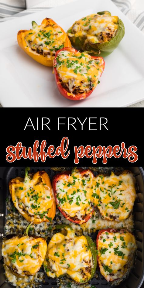 Air Fryer Stuffed Peppers are a delicious and easy appetizer or light lunch or dinner. Made with fresh bell peppers, lean ground beef, colby jack cheese, rice, seasonings, and topped with fresh parsley. You'll love the amazing blend of flavors and this quick and easy air fryer recipe. Air Fryer Recipes Healthy Dinners Beef, Fresh And Lean Recipes, Stuffed Peppers Air Fryer Recipes, Stuffed Bell Peppers In Air Fryer, Air Fry Stuffed Bell Peppers, Air Fryer Recipes With Ground Beef, Cheap Healthy Air Fryer Meals, Easy Weeknight Dinners Healthy Air Fryer, Stuffed Bell Peppers Air Fryer