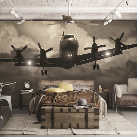 Washable nonwoven wallpaper FLY WALLPAPER 2016 Collection by CREATIVESPACE design CREATIVESPACELAB Aviation Bedroom, Fly Wallpaper, Airplane Bedroom, Aviation Room, Diy Interior Design Projects, Masculine Interior Design, Textured Feature Wall, Aviation Furniture, Wallpaper 2016