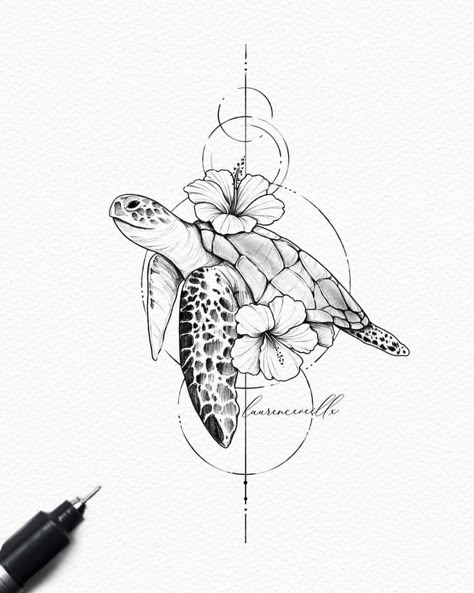 Turtle Ying Yang Tattoo, Sea Turtles Tattoos For Women, Ocean Design Tattoo, Sea And Flower Tattoo, Floral Sea Turtle Tattoo, Hibiscus And Turtle Tattoo, Sea Turtle Tattoo Outline, Tattoo Ideas Sea Turtle, Ocean Turtle Tattoo