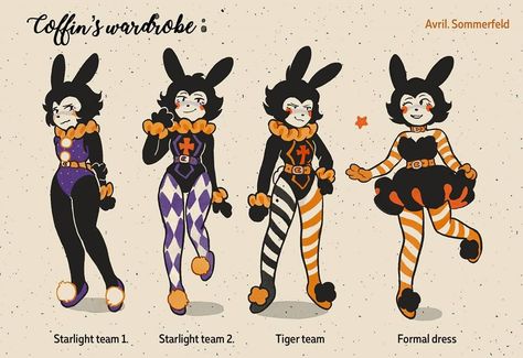 Avril Sommerfeld’s Instagram profile post: “All of the outfits for Coff!! #the_shadow_circus #tsc_coffin #character_design #art #illustration” Cute Clown Character Design, Circus Oc Design, Circus Outfits Drawing, Persona Art Character Design, Cute Circus Outfits, Digital Circus Oc Ideas, Circus Outfit Drawing, The Digital Circus Oc, The Amazing Digital Circus Oc Ideas