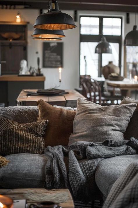 Industrial Living Room Decor - Cozy Design Essentials Bright Industrial Living Room, Cozy Industrial Interior, Industrial Boho Living Room, Warm Industrial Living Room, Cozy Industrial Decor, Industrial Cozy, Cozy Industrial Living Room, Industrial Decor Living Room, Formal Living Room Designs