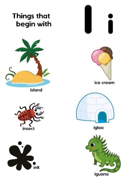 Things that start with the letter i educ... | Premium Vector #Freepik #vector #kindergarten-school #kids-worksheet #kids-alphabet #alphabet-letter Kindergarten Word Families, Potty Training Girls, Flamingo Craft, The Letter I, Rainbow Mobile, Kids Reading Books, Fruit Picture, Learning Support, Kids Vector