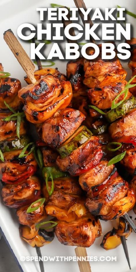 These teriyaki chicken kabobs are an easy way to impress your guests. The marinade makes the meat taste so delicious & tender and the veggies make this dish so colorful. #spendwithpennies #teriyakichickenkabobs #maindish #recipes #ovenbaked #kikkoman #skewers #withpineapple #vegetable #marinade #onthegrill Shishkabob Chicken Marinade, Shiskabob Recipes Marinade, Sheet Pan Chicken Kabobs In The Oven, Shicabob Ideas, Bbq Skewers Recipes, Teriyaki Chicken Kabobs On The Grill, Chicken Kabob Side Dishes, Chicken Kebabs On The Grill, Chicken Shish Kabobs Marinade