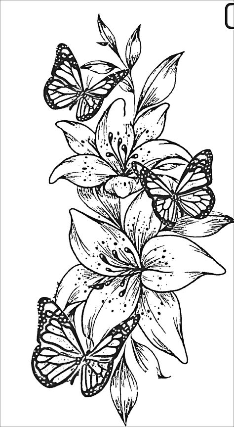 Tattoo Ideas Foram, Women Sleeve Tattoo Drawing, Tattoo Ideas Practice, Flower Sleeve Forearm, Drawn Out Tattoo Ideas, Wild Flower Tattoo Thigh, Upper Arm Tattoo Women Half Sleeves, Women’s Arm Sleeve Tattoo Ideas, Lilly And Butterfly Tattoo Ideas