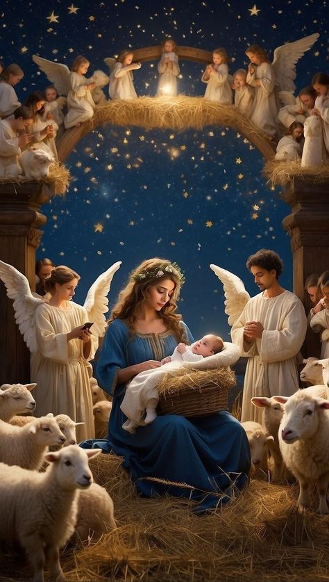 Christmas Nativity Images, Surrounded By Angels, Nativity Scene Pictures, Jesus In The Manger, Nativity Of Jesus, Religious Photography, Christmas Bible Verses, Mother Mary Images, Infant Jesus