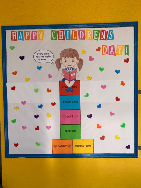 World Children’s Day Activities, Childrens Day Celebration In School, Children Rights Drawing, Childrens Rights Poster, Children's Day Decoration Ideas In School Classroom, Children Rights Poster, Children's Day Charts For School, Child Rights Craft, Children Day Board Decoration Ideas