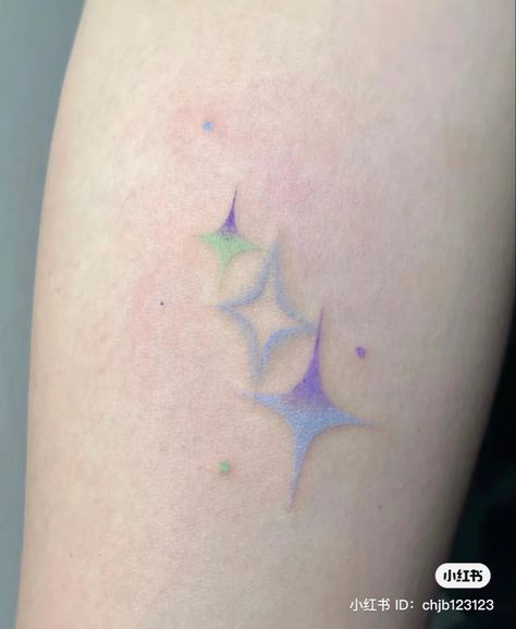 Blue Star Tattoos For Women, Rainbow Gradient Tattoo, Pastel Color Tattoo, Gradient Star Tattoo, Colour Star Tattoo, Colored Star Tattoos, Soft Color Tattoo, Star Tattoo Color, Light Colored Tattoos