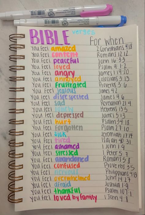 Cute Things To Do In Your Bible, Letters To God Journal, Bible Verse When Feeling Down, Bible Verses For When List, Bible Study Notes For Beginners, How To Bible Journal For Beginners, Bible Verse For When, Church Notes Journal Ideas, Bible Journaling Ideas Notebooks Layout