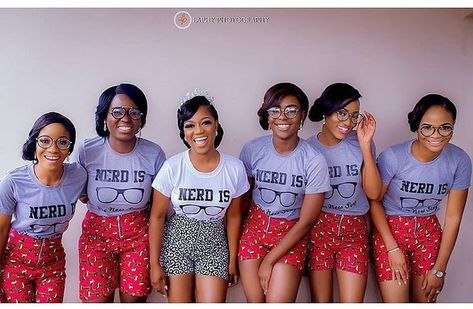 Bride and bridesmaids in custom nerd tees and Ankara shorts : Laphy Photography Makeup… | Nigerian bridal shower, Bridal shower pictures, Nigerian wedding dress Nigerian Bridal Shower, English Gowns, Baptism Desserts, Ankara Shorts, Princess Wedding Theme, Bridal Shower Robes, Bridal Shower Pictures, Shower Dress For Bride, Bridal Train