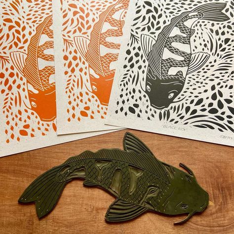 Koi Fish Lino Print, Koi Fish Linocut, Fish Linocut, Koi Fish Print, Linocut Ideas, Coy Fish, Lino Printing, Linocut Printmaking, Lino Art