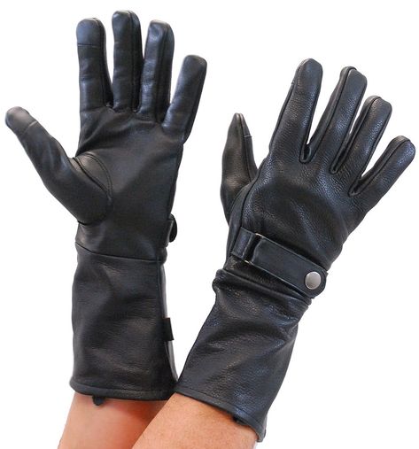 Leather motorcycle gloves with extended cuff and made of soft naked cowhide. These long leather gloves are suede lined and fit nicely over your jacket sleeve. Leather biker gloves come with a snap wrist strap also. Biker Gloves, Long Leather Gloves, Gloves Long, Leather Motorcycle Gloves, Riding Gloves, Motorcycle Gloves, Leather Skin, Top Grain Leather, Leather Items