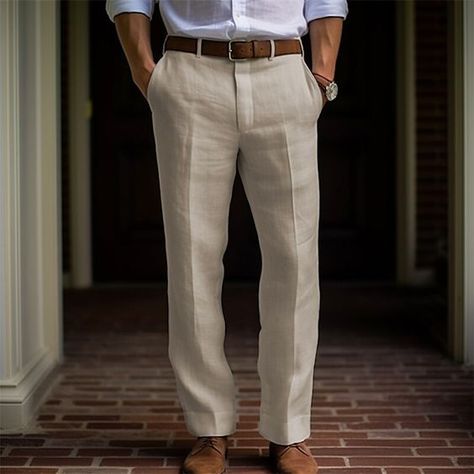 Material is good. Fits right but in an appealing way. It slims out curves & shapes you very well! Men’s White Linen Pants Outfit, Men’s White Pants, Linen Clothes Men, Off White Dress Pants, White Linen Pants Men, Linen Pants Outfit Men, Lenin Pants, Linen Pants Pattern, Linen Pants For Men