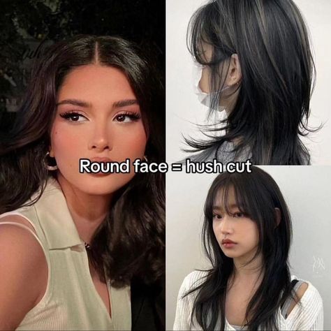 haircut, face shapes, oval face, round face, diamond face, heart face, square face, wispy bangs, wolf cut, long layers, hush cut, long hair, hair for every face shape Square Hairstyles Face Shapes, Wolfcut On Square Face, Best Hairstyle For Rounded Face, Almond Face Shape, Wolfcut For Square Face, Face Shape Hairstyles Oval, Hush Bangs, Haircuts For Long Hair And Round Face, Bangs On Different Face Shapes