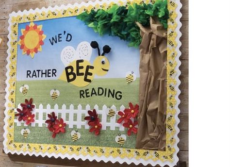 Bee Display Board, Bee Library Bulletin Board, Library Decor Ideas, Spring Library, Garden Theme Classroom, Reading Preschool, Nursery Library, Reading Corner Classroom, Elementary Bulletin Boards