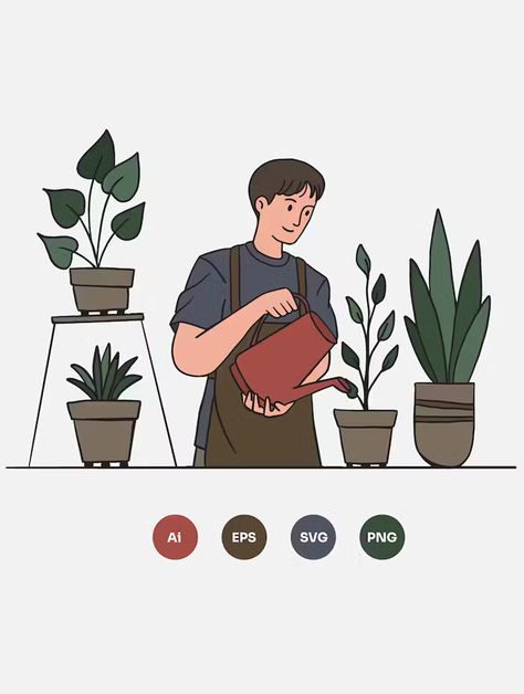 Watering Plants Vector Illustration AI, EPS Gather Illustration, Person Watering Plants, Watering Plants Illustration, Gardener Drawing, Plants Vector, Plants Illustration, Human Pictures, Watering Plants, Water Illustration