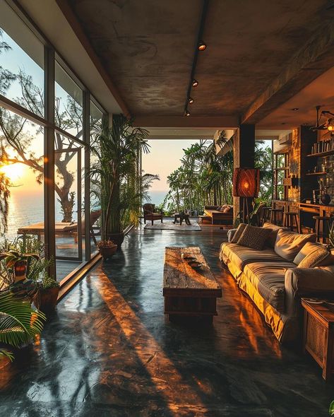 window views of coast from living room Modern Concrete Homes, Bali Style Home, Modern Tropical House, Bali House, Tropical Living, Concrete Home, Home Architecture, Tropical House, Modern Tropical