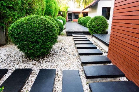 12 Simple Front Yard Landscaping Ideas | MYMOVE Diy Rock Landscaping Ideas, Tanaman Air, Garden Rake, Front Walkway, Path Ideas, Professional Landscaping, Stone Walkway, Front Yard Landscaping Simple, Garden Pathway