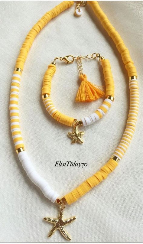 Clay Bracelet And Necklace Ideas, Necklaces Ideas Clay Beads, Fimo Bracelet Ideas, Heishi Jewelry Necklace, Summer Clay Bead Necklace, Heishi Jewelry Ideas, Heishi Bead Ideas, Heishi Bracelet Ideas Summer, Heishi Necklace Ideas