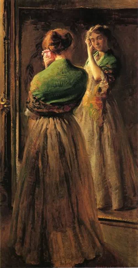 Joseph DeCamp (American 1858–1923), Girl with a Green Shawl, 1900. Green Shawl, Alfred Stevens, American Impressionism, Dante Gabriel Rossetti, William Adolphe Bouguereau, Childe Hassam, Robert Burns, Magic Garden, Mirror Painting