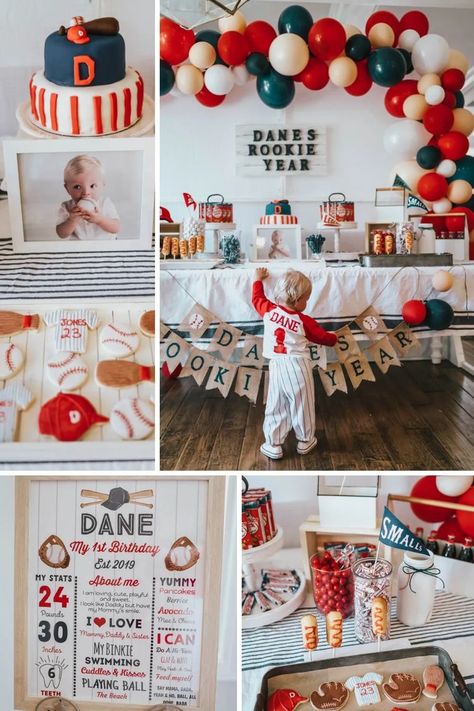 Sports Themed 1st Birthday Party, Rookie Of The Year First Birthday Goodie Bags, 1 St Birthday Baseball Theme, Modern First Birthday Boy, One Party Themes, Home One Birthday Party Ideas, Boy’s First Birthday Themes, Rookie Year Birthday Theme, 1yr Birthday Party Ideas Boy