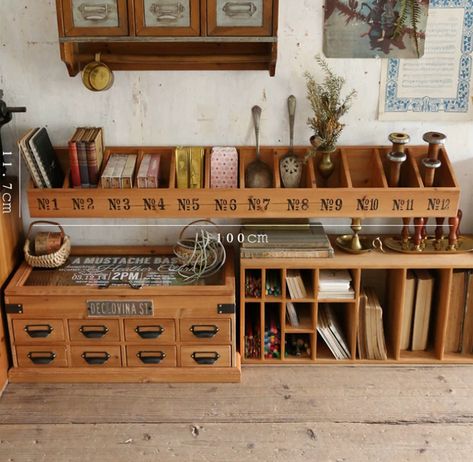 Cottagecore Art Room, Antique Art Studio, Desk Clutter Aesthetic, Vintage Desk Organization, Vintage Desk Organizer, Vintage Craft Room Ideas, Cottagecore Home Office, Apothecary Office, Journaling Desk