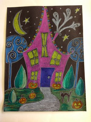 art sub plan with haunted house Construction Paper Crayons Art Projects, Halloween Perspective Art, Black Construction Paper Art, Pastel Halloween Art, Halloween Pumpkins Drawing, Art Plastique Halloween, Pumpkins Drawing, Haunted House Art, Halloween Art Lessons