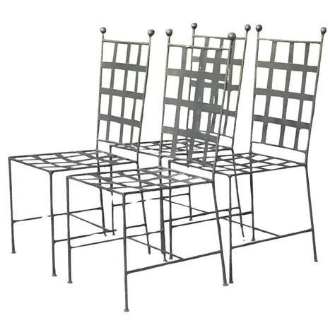 Vintage Regency Grid Wrought Iron Dining Chairs - Set of 4 Coastal Outdoor Dining, Iron Outdoor Chairs, Iron Dining Chairs, Scaffold Furniture, Beach Estate, Vintage Coastal, Cottage Furniture, Indoor Gardens, Grid Design