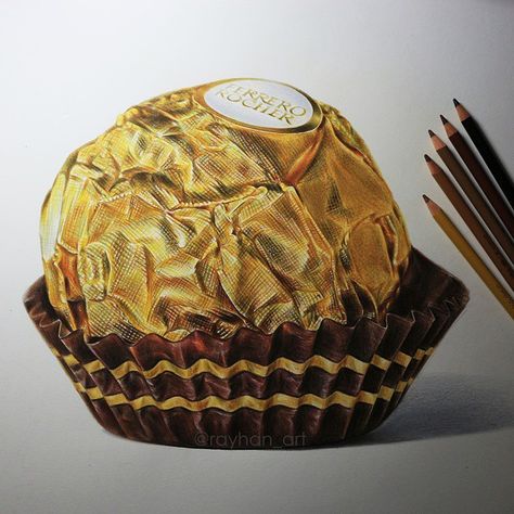 bit.ly/211kEPC byartfido: #Ferrero Rocher by @rayhan_art. How incredible are the details in this drawing!(Shared by @yaseen_uk) Colored Pencil Artwork Ideas, Candy Drawing, Hyperrealistic Art, Color Pencil Sketch, Prismacolor Art, Gcse Art Sketchbook, Realistic Drawing, Colored Pencil Artwork, Food Illustration Art