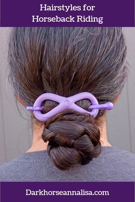 Woman with brown hair in a braided bun in a purple hair clip Hairstyles For Horseback Riding, Pigtail Buns, Basic Hairstyles, 2 Braids, Braiding Your Own Hair, Messy Buns, Riding Lessons, Strand Braid, Hair Pulling