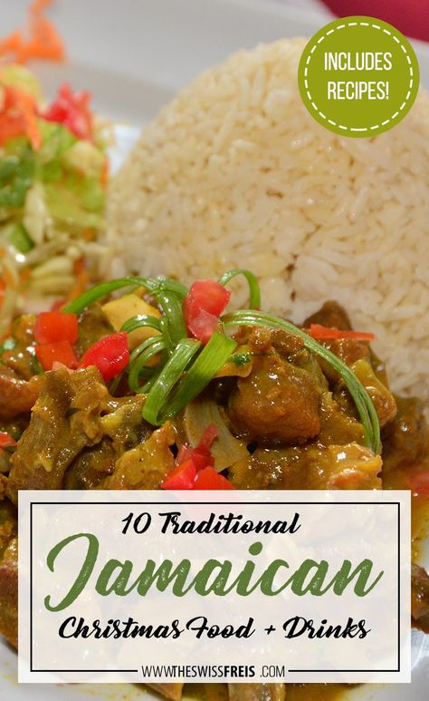 Try these 10 Traditional Christmas Jamaican Food   Drinks! It even includes recipes! via www.theswissfreis.com Jamaica Christmas Dinner, Jamaican Christmas Dinner Menu Ideas, Carribean Christmas Food, Caribbean Christmas Dinner, Caribbean Christmas Food, Jamaican Christmas Dinner, Callaloo Soup Recipe, Jamaican Christmas, Caribbean Christmas