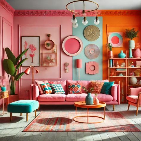 20 Bright Multi-Color Living Rooms Ideas: Transform Your Space with Vibrant Hues Colourful Living Room White Walls, Happy Colors For Living Room, Bright Funky Living Room, Bold Room Ideas, Studio Apartment Color Palette, Colour Blocking Interior Living Rooms, Split Complementary Interior Design, Bright Color Interior Design, Modern Colourful Living Room