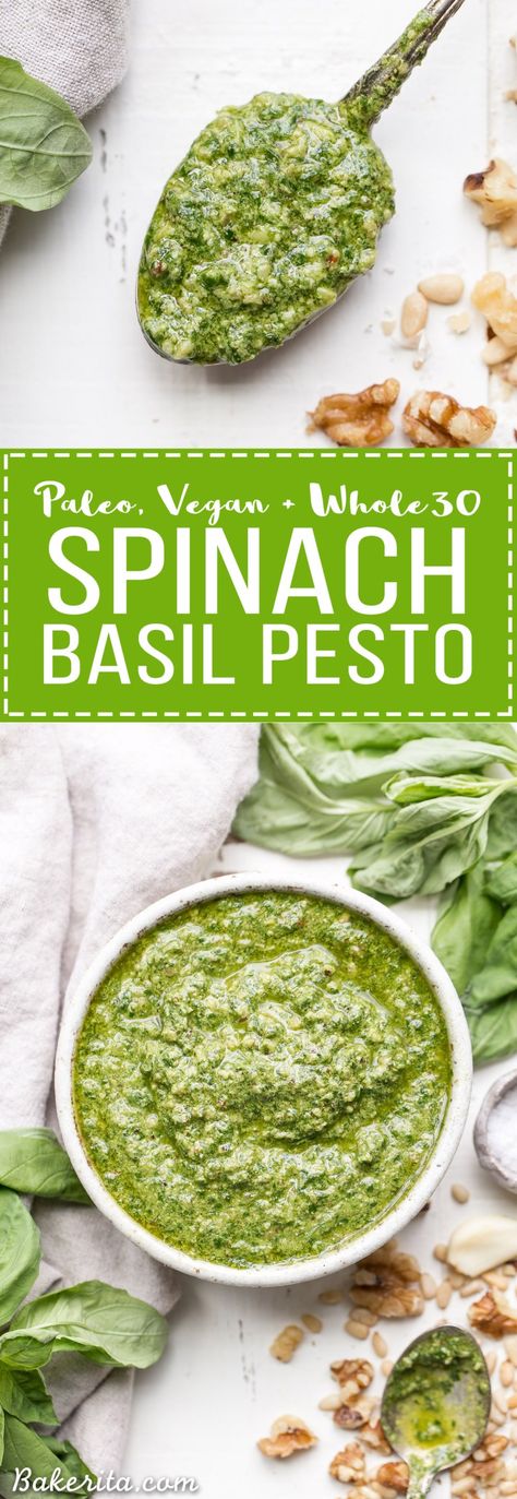 This Spinach Basil Pesto is loaded with bright herby flavor and made in just a few minutes. You won't miss the cheese in this paleo, vegan + Whole30-friendly pesto. It will make any meal more flavorful, whether it's tossed with pasta, enjoyed with your favorite protein, or used as a spread. Paleo Vegan Recipes, Spinach Basil Pesto, Fast Breakfast, Basil Pesto Recipes, Spinach Pesto, Vegan Pesto, Keto Vegan, Paleo Vegan, Spinach Recipes