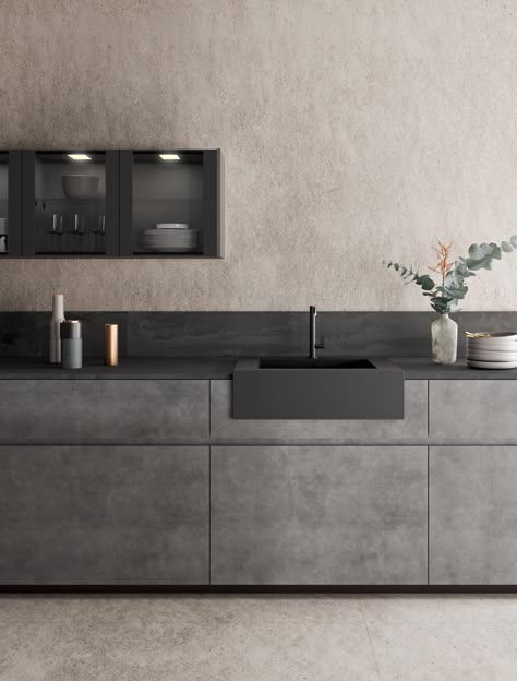 Black And Concrete Kitchen, Cement Cabinets Kitchen, Concrete Black Kitchen, Dark Wood And Concrete Kitchen, Concrete Counter Black Cabinets, Dark Grey Handleless Kitchen, Single Wall Kitchen, Slate Kitchen, Kitchen Layouts With Island