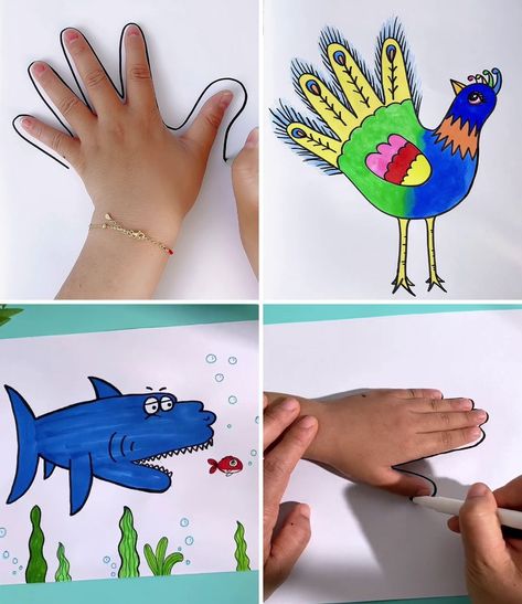 Easy Drawing Tricks For Kids With Your Hand | drawing | Drawing Tricks You'll Want To Try Right Away :) | By Kidpid Hand Tracing Art For Kids, Drawing Tricks For Kids, Hand Print Crafts For Kids, Easy Painting For Kids, Learning To Draw For Kids, Drawing Pictures For Kids, Drawing Tricks, Easy Hand Drawings, Hand Outline