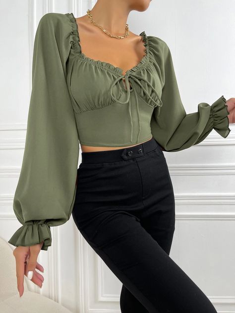 Hispanic Outfits, Puff Long Sleeve Blouse, 2022 Streetwear, 2023 Streetwear, Drawstring Shirt, Halter Shirt, Blouse Summer, Chic Blouses, Puff Long Sleeves