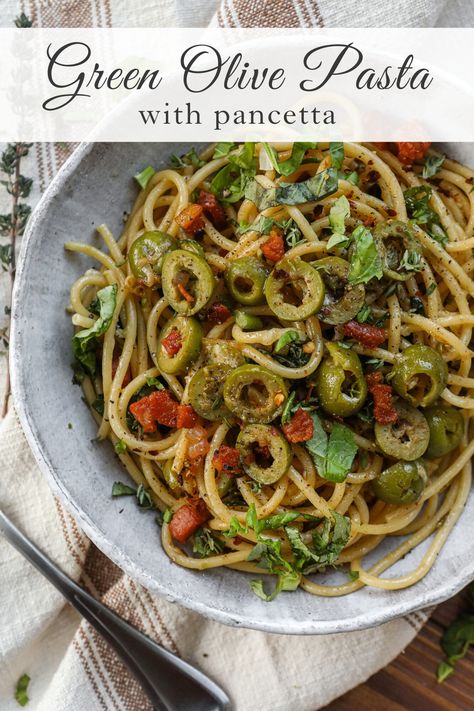 Green Olive Pasta Recipe, Recipes With Green Olives, Olive Pasta Recipes, Pasta Olives, Green Olive Pasta, Pasta With Pancetta, Meals Summer, Olive Pasta, Pasta With Olives