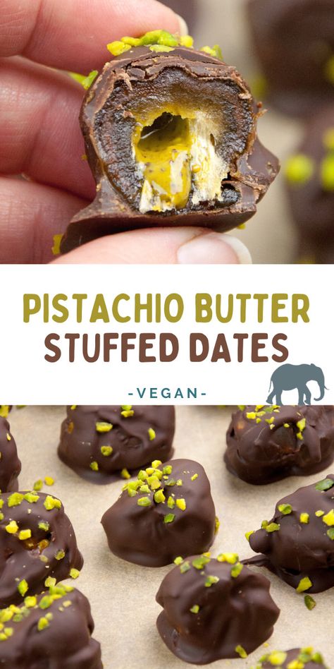 These dates stuffed with pistachio butter, covered in chocolate, and sprinkled with chopped pistachios are a real treat! They taste just like fancy pralines! | ElephantasticVegan.com #dates #pistachio Dates And Pistachios, Pistachio Bars Healthy Snacks, Pistachio Stuffed Dates, Pistachio Butter Recipe Ideas, Savory Pistachio Recipes, Pistachio Cake Pops, What To Do With Pistachio Shells, Recipes With Pistachio Butter, Pistachio Butter Uses