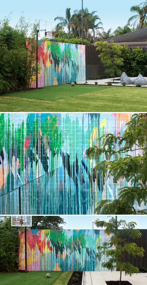 Caulfield Garden Wall by Rowena Martinich at Private Residence, Caulfield East Abstract Fence Mural, Fence Mural Ideas, Fancy Fence, Indoor Mural, Garden Fence Art, Green Village, Pool Wall, Daycare Design, Art Examples