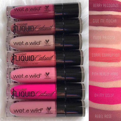 Spotted: NEW Wet n Wild MegaLast Liquid Catsuit Matte Lipsticks | Lip Drama Matte Make Up, Matte Lipsticks, Lipstick Swatches, Makeup To Buy, Makeup Swatches, Smokey Eyes, Lip Glosses, Pretty Colors, Makeup Obsession