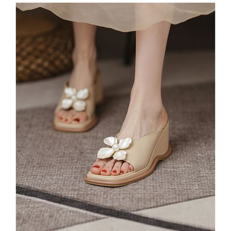 Wedges Slippers for Women Indoor Wear Outside Summer New Pearl Flower MuffinThick Bottom Slippers Square Toe Sandals, Pearl Decor, Pearl Flower, Platform Sandals, Wedge Sandals, Faux Pearl, Slippers, Wedges, Slip On