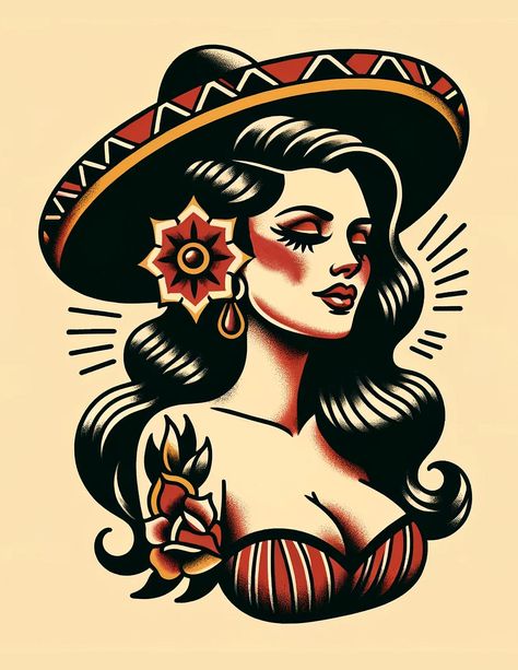 Sombrero Woman Traditional Tattoo Art Print - Etsy Tattoo Ideas For Portfolio, American Traditional Tattoos Mexican, Priscilla Presley Tattoo, Womens Traditional Sleeve Tattoo, Traditional Tattoo Art Print, Old School American Tattoo, American Traditional Women Tattoo, Traditional Hip Tattoos Women, Women American Traditional Tattoo