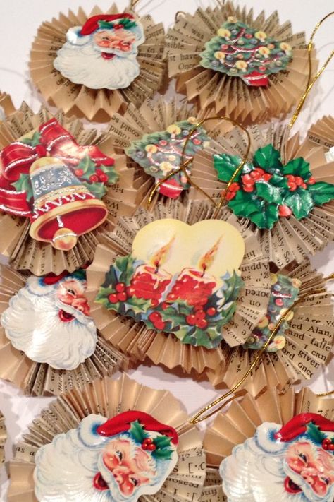 Made some little ornaments from old book pages and vintage Christmas seals. Bringing a little vintage to the tree. Vintage Book Ornaments, Vintage Paper Christmas Decorations, Paper Rosettes Christmas, Vintage Card Crafts, Vintage Christmas Cutouts, Recycled Christmas Card Crafts, Vintage Paper Ornaments, Upcycled Ornaments Diy, Vintage Santa Ornaments