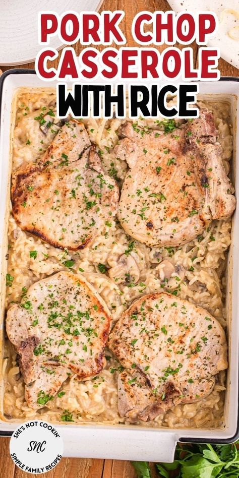 This easy Pork Chop Casserole recipe is a comfort food classic with all the right flavors for a hearty and satisfying dinner. Tender, seasoned pork chops paired with creamy, savory rice make this cozy, comforting casserole a family favorite. Million Dollar Pork Chops, Pork Chop Casserole With Rice, Pork Chop Rice Casserole, Pork And Rice Recipes, Seasoned Pork Chops, Pork Chop Casserole Recipes, Cheesy Pork Chops, Casserole With Rice, Pork Chop Dishes