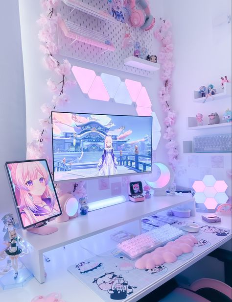 Games Room Inspiration, Kawaii Room Ideas, Nixie Tube Clock, Hiasan Bilik Tidur, Otaku Room, Nixie Tube, Gamer Room Decor, Monitor Arm, Video Game Room Design