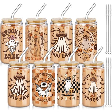 PRICES MAY VARY. What's Included: you'll get 8 styled Halloween themed can shaped glass cups, each coming with a bamboo lid and a glass straw; Additionally, we're including 8 straw brushes to assist in maintaining the cleanliness of your straws and cups; This set offers convenience for everyday and festive usage, and provides ample glassware to suit your needs Halloween Themed Design: these Halloween party drinkware options come in 6 styles featuring ghosts, bats, and pumpkins along with Hallowe Adult Halloween Goodie Bag Ideas, Halloween Goody Bags For Adults, Halloween Gift Ideas For Coworkers, Boo Gifts For Coworkers, Halloween Prizes For Adults, Halloween Goodie Bags For Adults, Halloween Party Favors For Adults, Halloween Gifts For Coworkers, Flower Glass Cup