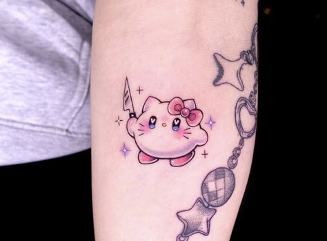 Hello Kitty Gemini Tattoo, Kirby Tattoo, Pokemon Tattoos, Pokemon World, Couple Tattoo Ideas, Hello Kitty Tattoo, Kitty Tattoo, Gamer Tattoos, Kawaii Hello Kitty