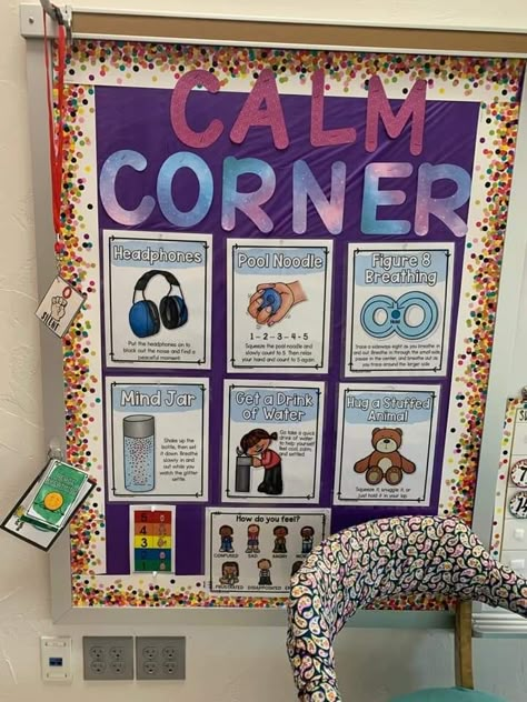 School Therapy Room Decor, Therapy Room Bulletin Board Ideas, Iss Classroom Ideas Bulletin Boards, School Social Worker Door Decorations, Rbt Therapy Room Ideas, School Relaxation Room, School Psych Office Decor, Social Emotional Bulletin Board Ideas High School, Calm Corner Bulletin Board