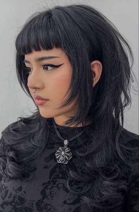 Pointy Bangs Goth, Alt Girl Haircuts Long, Grown Out Mullet Hairstyle, Goth Haircut Bangs, Layered Micro Bangs, 2024 Edgy Hair, Bangs Alternative Hair, Short Goth Haircuts For Women, Goth Girl Haircut