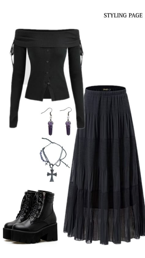 Long Witchy Skirt, Modern Witch Outfit Aesthetic, Long Black Skirt Outfit Aesthetic, Modest Goth Outfit, Cozy Goth Outfit, Whismgothic Outfits, Goth Witch Outfits, Outfit Whimsigothic, Fall Witchy Outfits